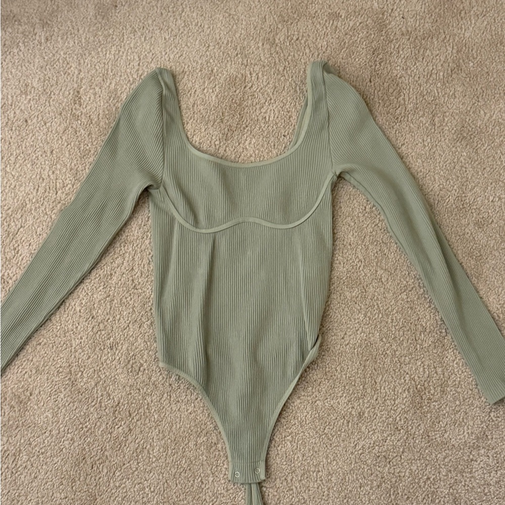 Free People Green Long-Sleeve Bodysuit with Scooped Neckline